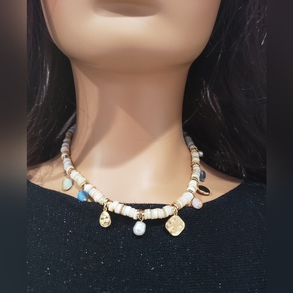 955- Chips Shells And Beads Women's Handmade Necklace And Earrings Gold Plated - Picture 5 of 7